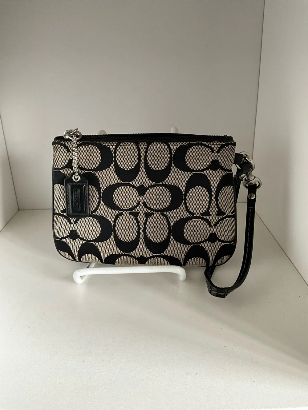 Coach Signature Canvas Wristlet in Black and Tan